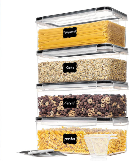Pasta Storage Containers, 4 Pack, 3.2L Airtight Canisters | Horizonta Storage Design, Easy Access, Airtight BPA-Free Containers, Reusable Labels & Measuring Cups Included