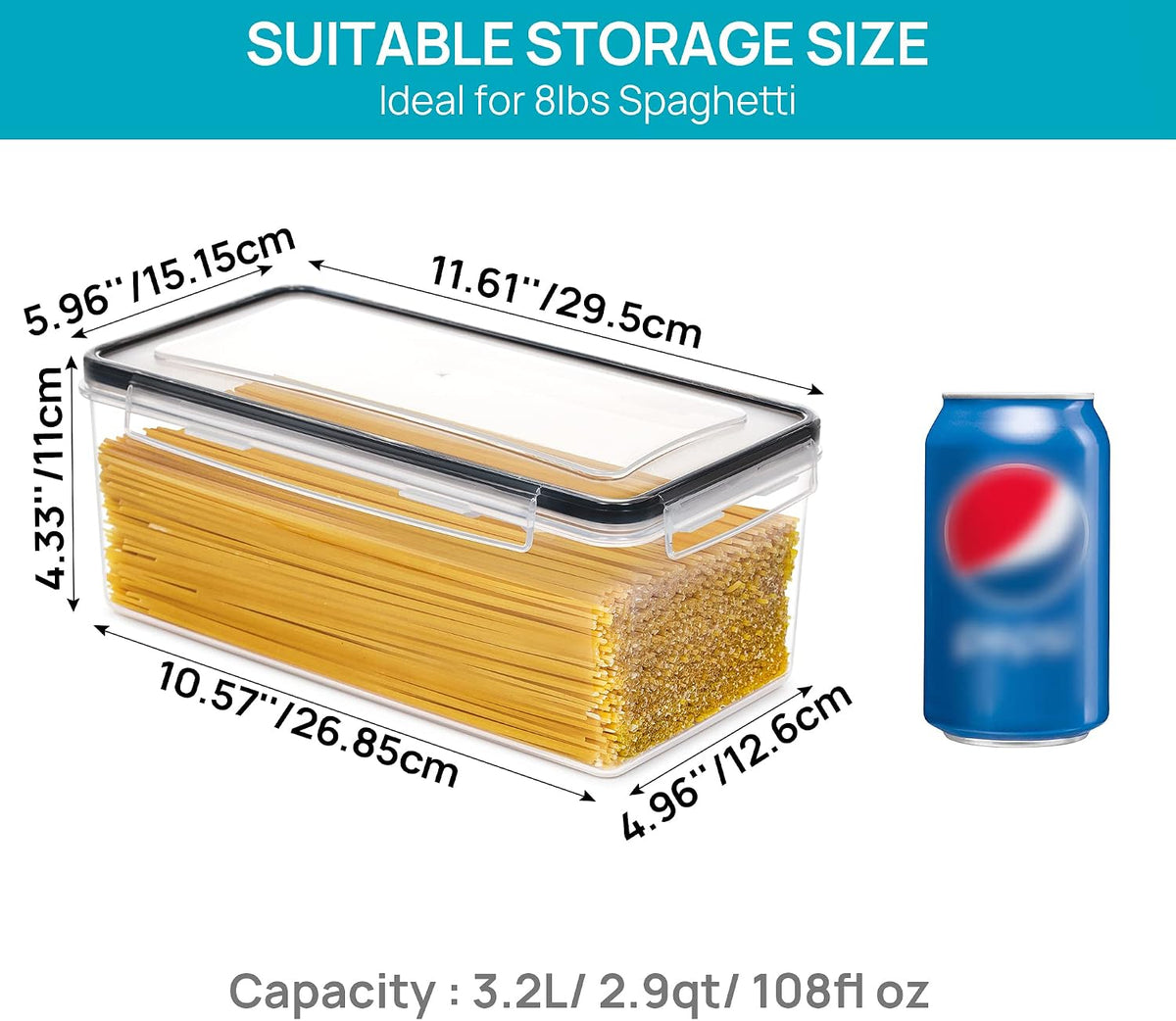 Pasta Storage Containers, 4 Pack, 3.2L Airtight Canisters | Horizonta Storage Design, Easy Access, Airtight BPA-Free Containers, Reusable Labels & Measuring Cups Included