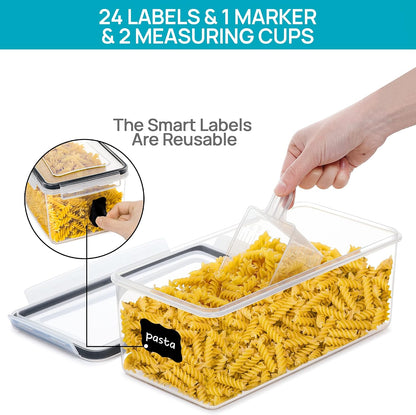 Pasta Storage Containers, 4 Pack, 3.2L Airtight Canisters | Horizonta Storage Design, Easy Access, Airtight BPA-Free Containers, Reusable Labels & Measuring Cups Included