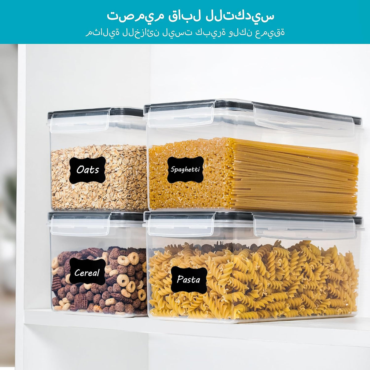 Pasta Storage Containers, 4 Pack, 3.2L Airtight Canisters | Horizonta Storage Design, Easy Access, Airtight BPA-Free Containers, Reusable Labels & Measuring Cups Included