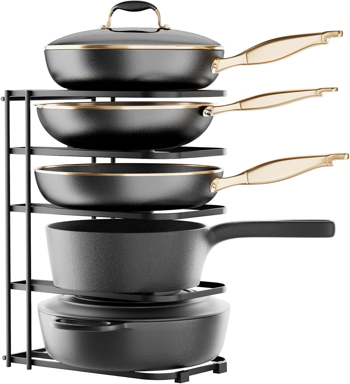 5-Tier Pot and Pan Organizer 13.6", No Assembly Cookware Rack | One-piece Design, Multi-height Layered,Anti-Tip Structure, Dual Vertical & Horizontal Use, Fits Cast Iron Pans & Dutch Ovens