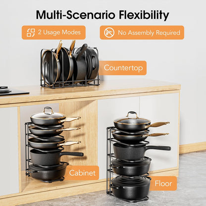 5-Tier Pot and Pan Organizer 13.6", No Assembly Cookware Rack | One-piece Design, Multi-height Layered,Anti-Tip Structure, Dual Vertical & Horizontal Use, Fits Cast Iron Pans & Dutch Ovens