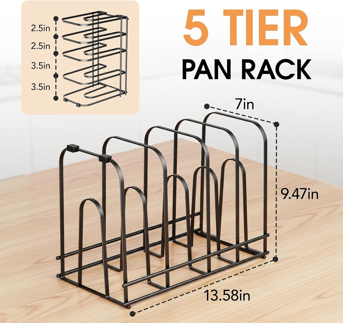 5-Tier Pot and Pan Organizer 13.6", No Assembly Cookware Rack | One-piece Design, Multi-height Layered,Anti-Tip Structure, Dual Vertical & Horizontal Use, Fits Cast Iron Pans & Dutch Ovens