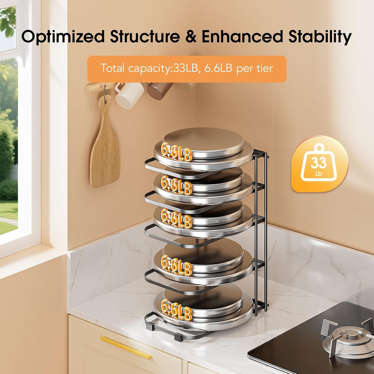 5-Tier Pot and Pan Organizer 13.6", No Assembly Cookware Rack | One-piece Design, Multi-height Layered,Anti-Tip Structure, Dual Vertical & Horizontal Use, Fits Cast Iron Pans & Dutch Ovens