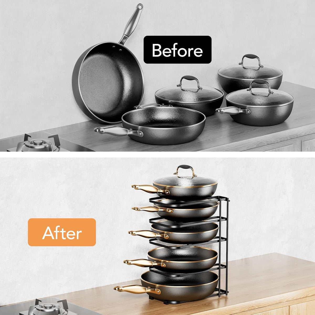 5-Tier Pot and Pan Organizer 13.6", No Assembly Cookware Rack | One-piece Design, Multi-height Layered,Anti-Tip Structure, Dual Vertical & Horizontal Use, Fits Cast Iron Pans & Dutch Ovens