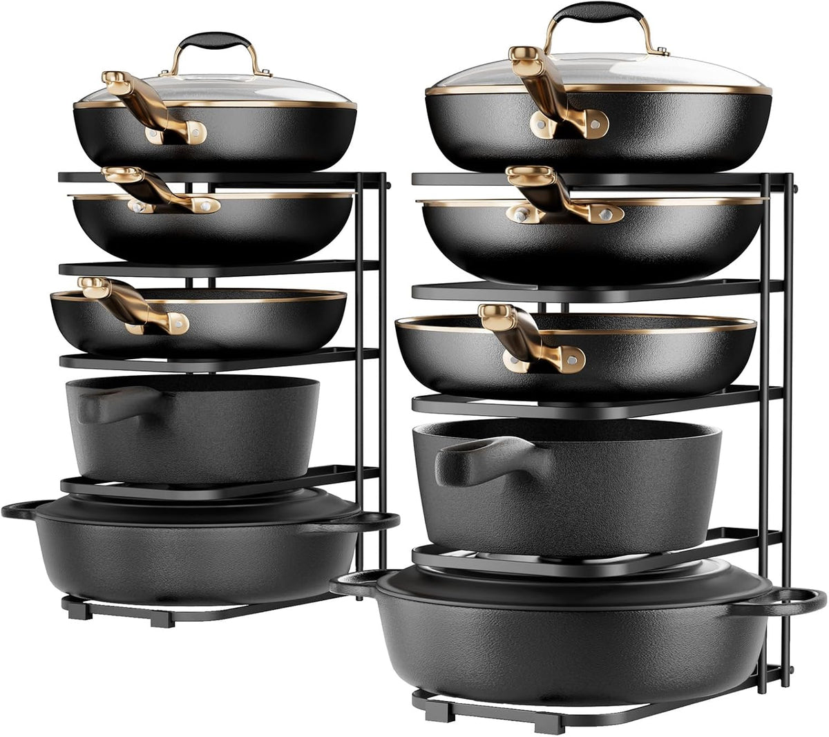 5-Tier Pot and Pan Organizer 13.6", No Assembly Cookware Rack | One-piece Design, Multi-height Layered,Anti-Tip Structure, Dual Vertical & Horizontal Use, Fits Cast Iron Pans & Dutch Ovens