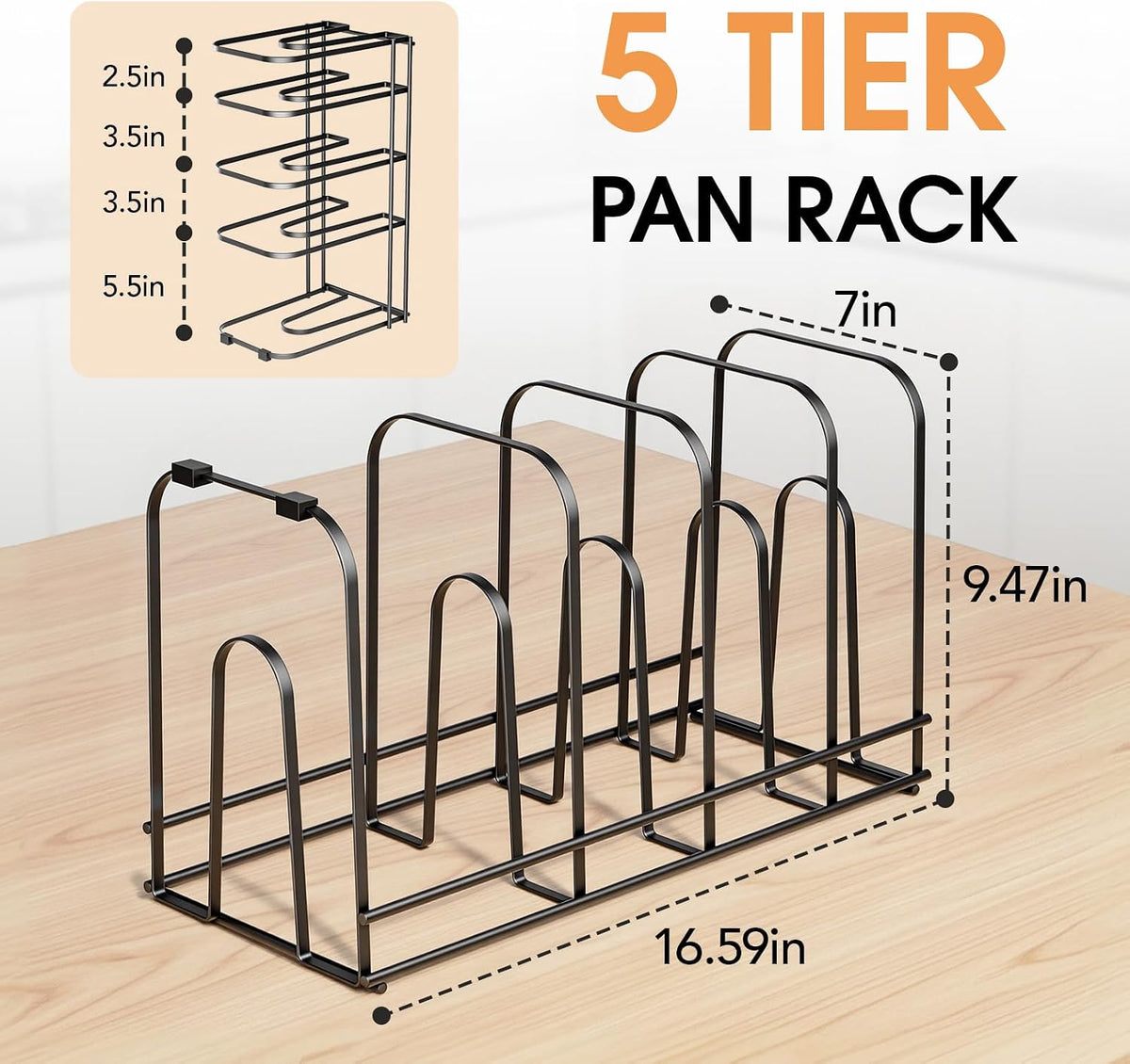 5-Tier Pot and Pan Organizer 13.6", No Assembly Cookware Rack | One-piece Design, Multi-height Layered,Anti-Tip Structure, Dual Vertical & Horizontal Use, Fits Cast Iron Pans & Dutch Ovens