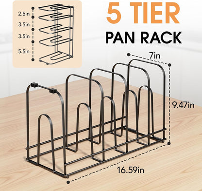 5-Tier Pot and Pan Organizer 13.6", No Assembly Cookware Rack | One-piece Design, Multi-height Layered,Anti-Tip Structure, Dual Vertical & Horizontal Use, Fits Cast Iron Pans & Dutch Ovens
