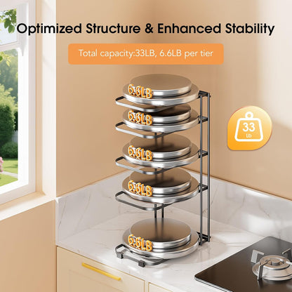 5-Tier Pot and Pan Organizer 13.6", No Assembly Cookware Rack | One-piece Design, Multi-height Layered,Anti-Tip Structure, Dual Vertical & Horizontal Use, Fits Cast Iron Pans & Dutch Ovens