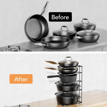 5-Tier Pot and Pan Organizer 13.6", No Assembly Cookware Rack | One-piece Design, Multi-height Layered,Anti-Tip Structure, Dual Vertical & Horizontal Use, Fits Cast Iron Pans & Dutch Ovens