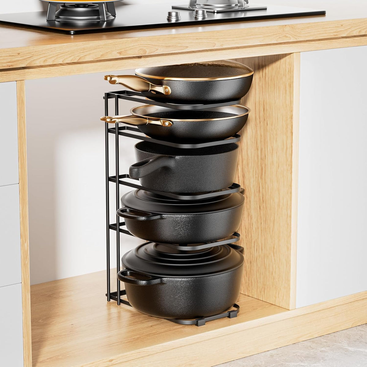 5-Tier Pot and Pan Organizer 13.6", No Assembly Cookware Rack | One-piece Design, Multi-height Layered,Anti-Tip Structure, Dual Vertical & Horizontal Use, Fits Cast Iron Pans & Dutch Ovens