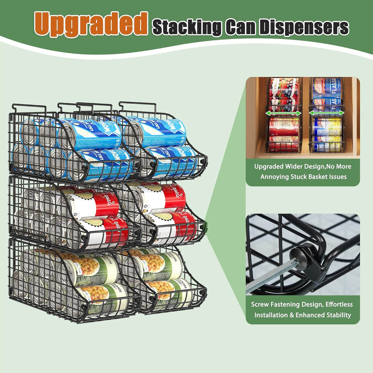 Stackable Can Rack Organizer for Kitchen Pantry | Soda Can Organizer and Food Storage Dispenser for Pantry Cabinets. Foldable Wire Rack Keeps Canned Food Organized