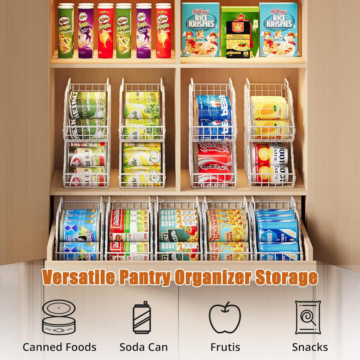 Stackable Can Rack Organizer for Kitchen Pantry | Soda Can Organizer and Food Storage Dispenser for Pantry Cabinets. Foldable Wire Rack Keeps Canned Food Organized