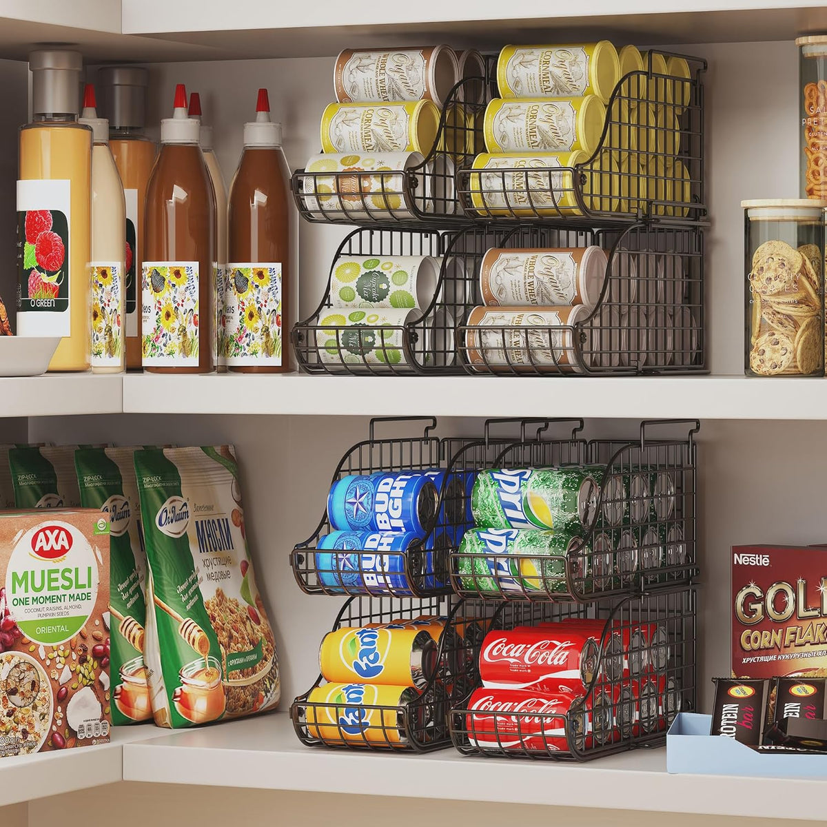 Stackable Can Rack Organizer for Kitchen Pantry | Soda Can Organizer and Food Storage Dispenser for Pantry Cabinets. Foldable Wire Rack Keeps Canned Food Organized