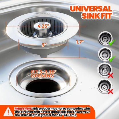 3 in 1 Kitchen Sink Drain Strainer Stopper Basket Pop Up Silver