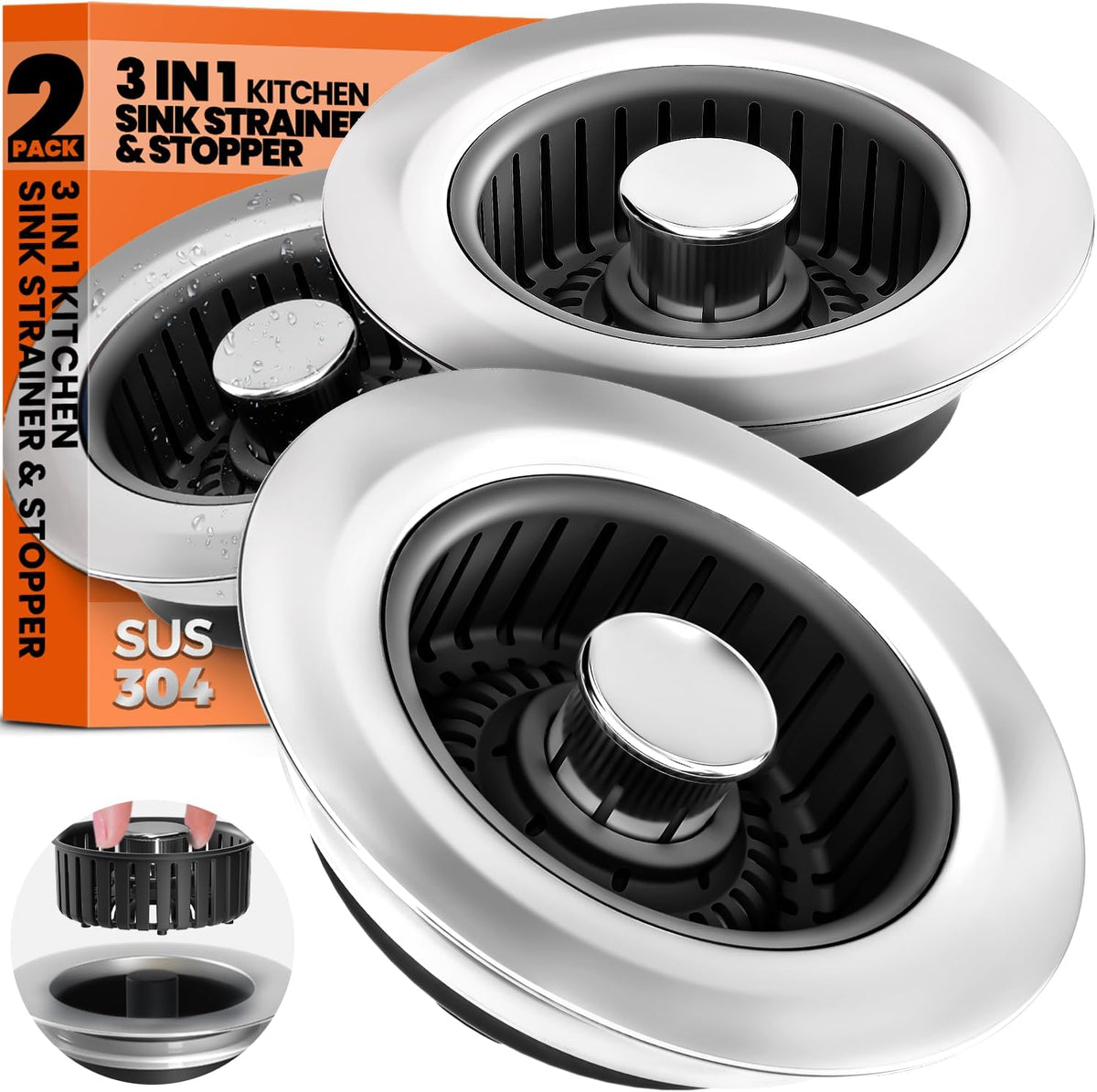3 in 1 Kitchen Sink Drain Strainer Stopper Basket Pop Up Silver