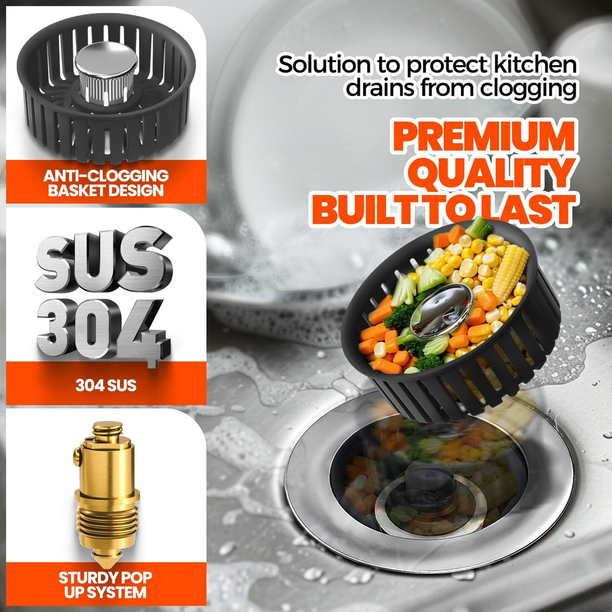 3 in 1 Kitchen Sink Drain Strainer Stopper Basket Pop Up Silver