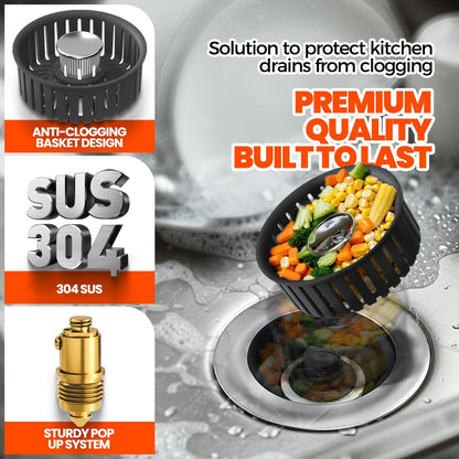 3 in 1 Kitchen Sink Drain Strainer Stopper Basket Pop Up Silver