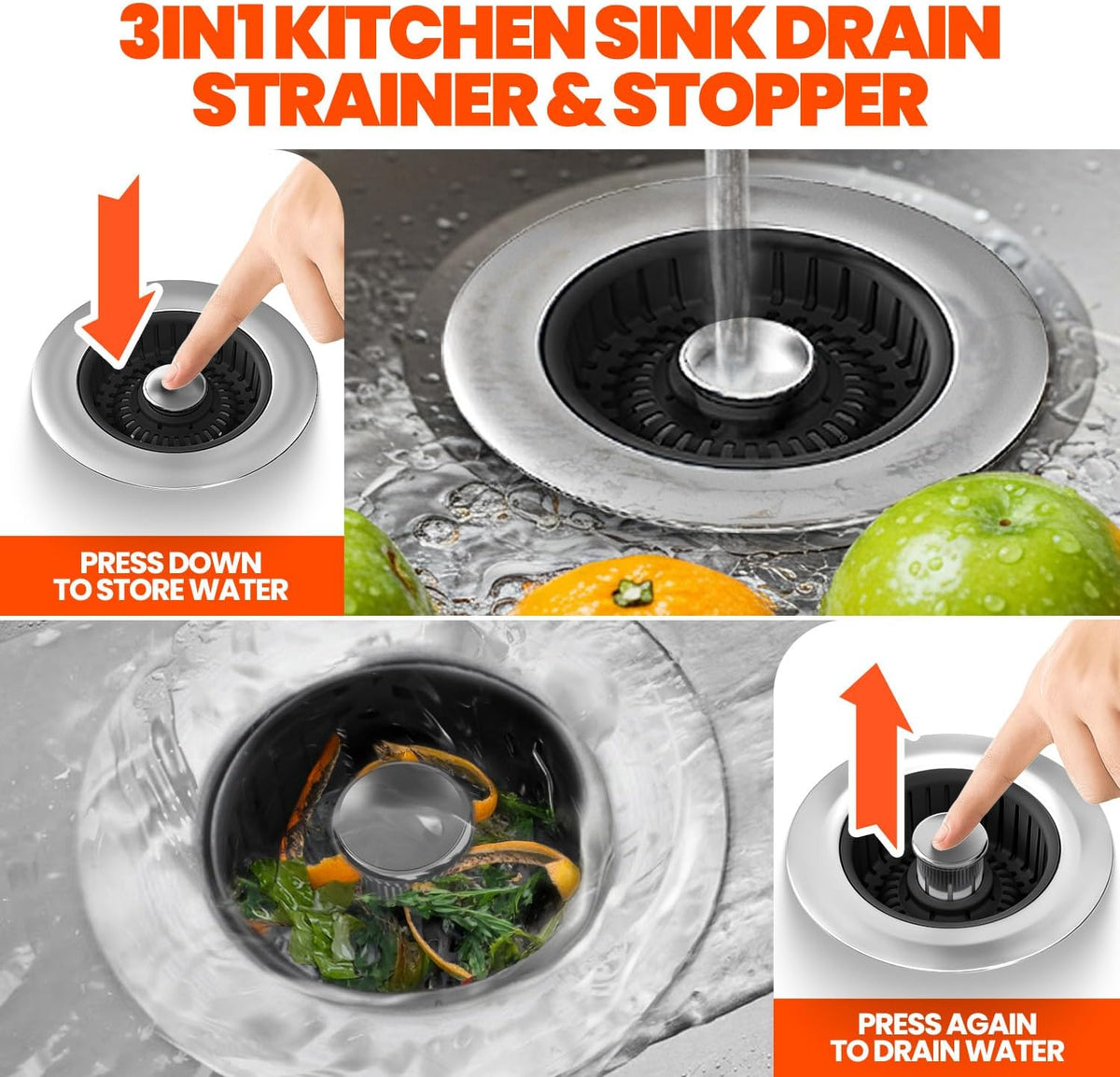 3 in 1 Kitchen Sink Drain Strainer Stopper Basket Pop Up Silver
