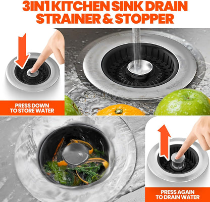 3 in 1 Kitchen Sink Drain Strainer Stopper Basket Pop Up Silver