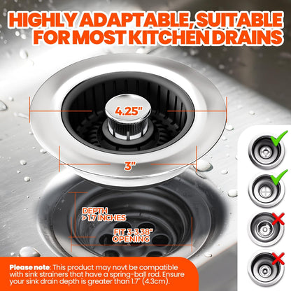 3 in 1 Kitchen Sink Drain Strainer Stopper Basket Pop Up Silver