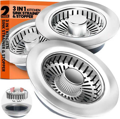 3 in 1 Kitchen Sink Drain Strainer Stopper Basket Pop Up Silver
