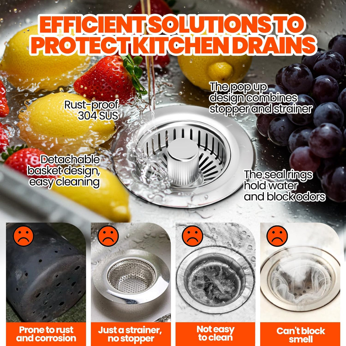3 in 1 Kitchen Sink Drain Strainer Stopper Basket Pop Up Silver