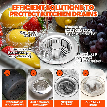 3 in 1 Kitchen Sink Drain Strainer Stopper Basket Pop Up Silver