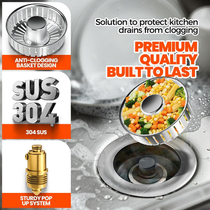 3 in 1 Kitchen Sink Drain Strainer Stopper Basket Pop Up Silver
