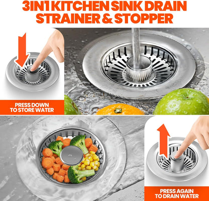 3 in 1 Kitchen Sink Drain Strainer Stopper Basket Pop Up Silver