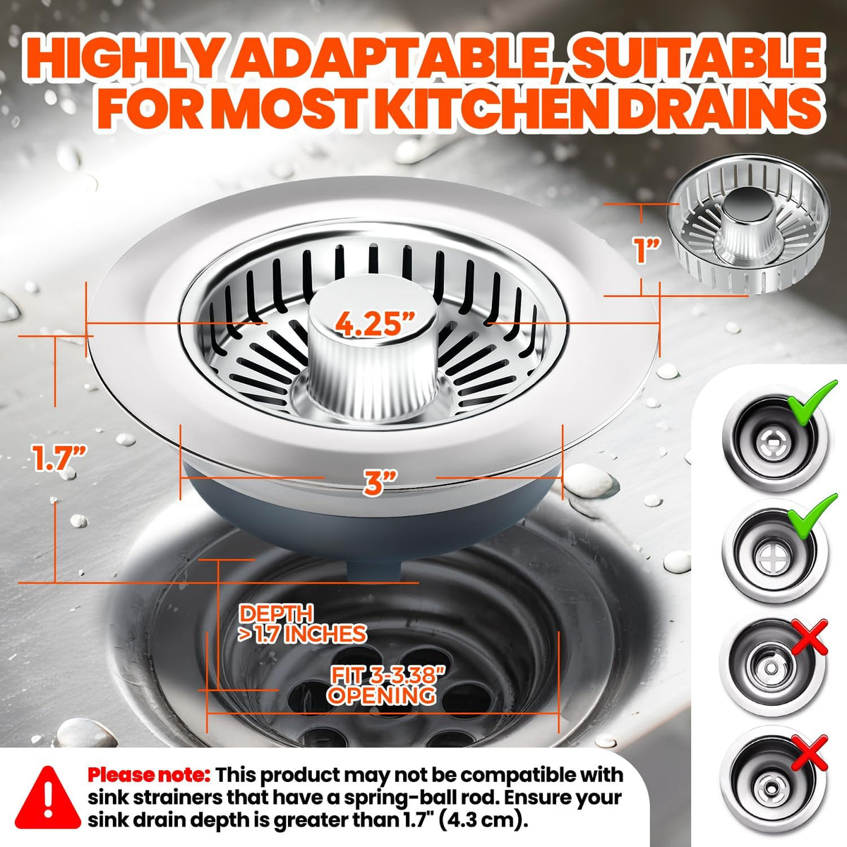 3 in 1 Kitchen Sink Drain Strainer Stopper Basket Pop Up Silver