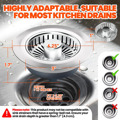 3 in 1 Kitchen Sink Drain Strainer Stopper Basket Pop Up Silver