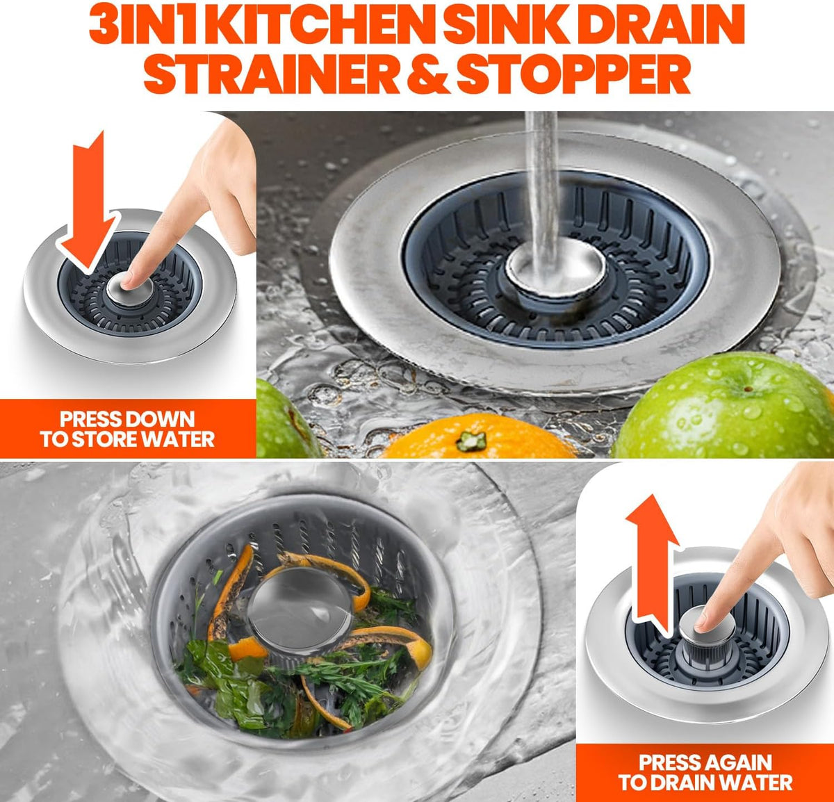 3 in 1 Kitchen Sink Drain Strainer Stopper Basket Pop Up Silver