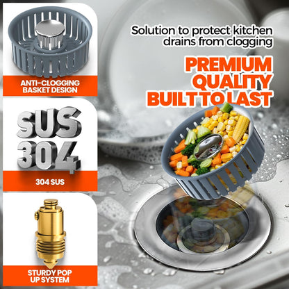 3 in 1 Kitchen Sink Drain Strainer Stopper Basket Pop Up Silver
