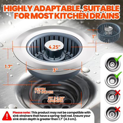 3 in 1 Kitchen Sink Drain Strainer Stopper Basket Pop Up Silver