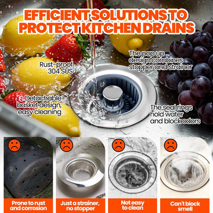 3 in 1 Kitchen Sink Drain Strainer Stopper Basket Pop Up Silver