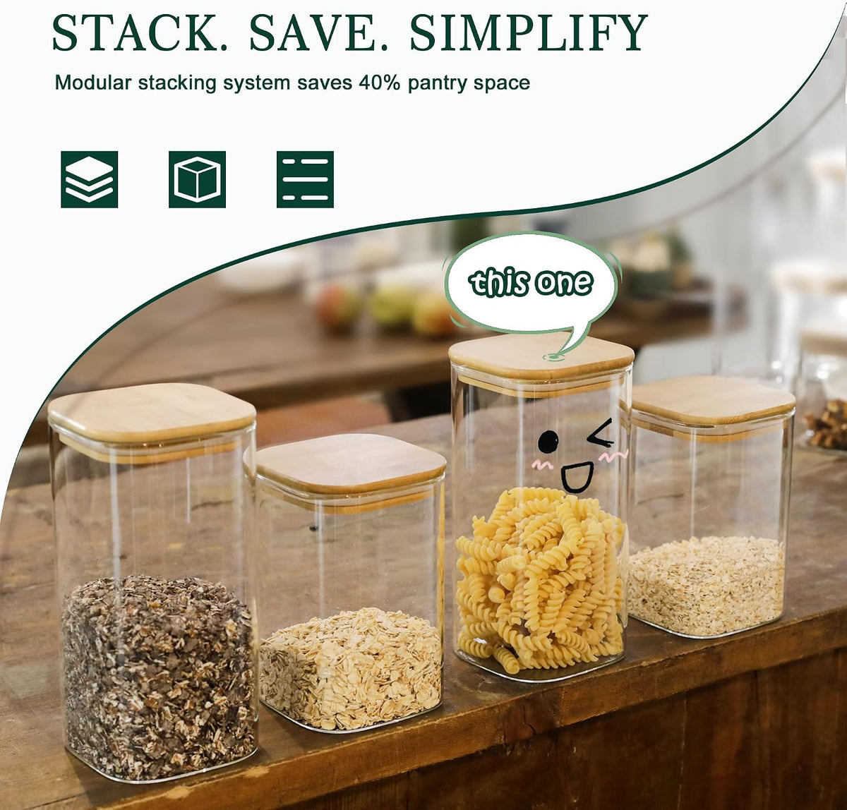 12-Pack Square Glass Storage Jars with Bamboo Lids (0.6Qt/1.06Qt) - Stackable Food Containers for Pantry Organization, Coffee, Flour, Snacks, Tea | Kitchen Canisters Set | Stackable Dry Food Containers for Pantry Organization, Coffee, Flour, Snacks, Tea,