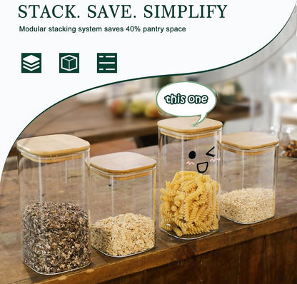 12-Pack Square Glass Storage Jars with Bamboo Lids (0.6Qt/1.06Qt) - Stackable Food Containers for Pantry Organization, Coffee, Flour, Snacks, Tea | Kitchen Canisters Set | Stackable Dry Food Containers for Pantry Organization, Coffee, Flour, Snacks, Tea,