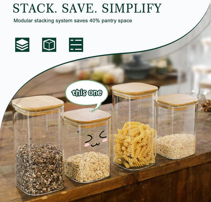 12-Pack Square Glass Storage Jars with Bamboo Lids (0.6Qt/1.06Qt) - Stackable Food Containers for Pantry Organization, Coffee, Flour, Snacks, Tea | Kitchen Canisters Set | Stackable Dry Food Containers for Pantry Organization, Coffee, Flour, Snacks, Tea,
