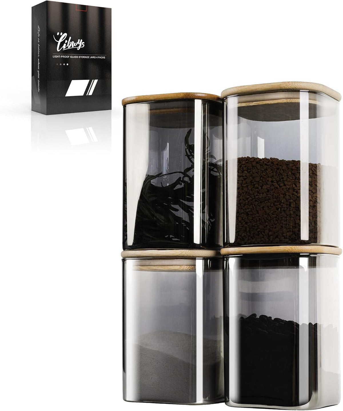 12-Pack Square Glass Storage Jars with Bamboo Lids (0.6Qt/1.06Qt) - Stackable Food Containers for Pantry Organization, Coffee, Flour, Snacks, Tea | Kitchen Canisters Set | Stackable Dry Food Containers for Pantry Organization, Coffee, Flour, Snacks, Tea,