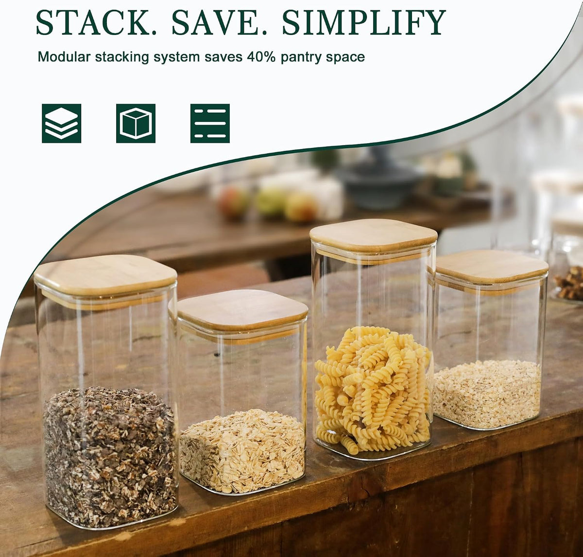 12-Pack Square Glass Storage Jars with Bamboo Lids (0.6Qt/1.06Qt) - Stackable Food Containers for Pantry Organization, Coffee, Flour, Snacks, Tea | Kitchen Canisters Set | Stackable Dry Food Containers for Pantry Organization, Coffee, Flour, Snacks, Tea,