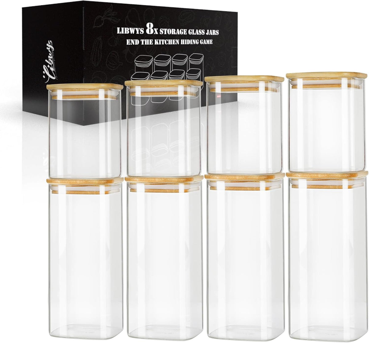 12-Pack Square Glass Storage Jars with Bamboo Lids (0.6Qt/1.06Qt) - Stackable Food Containers for Pantry Organization, Coffee, Flour, Snacks, Tea | Kitchen Canisters Set | Stackable Dry Food Containers for Pantry Organization, Coffee, Flour, Snacks, Tea,