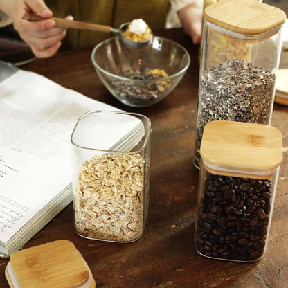 12-Pack Square Glass Storage Jars with Bamboo Lids (0.6Qt/1.06Qt) - Stackable Food Containers for Pantry Organization, Coffee, Flour, Snacks, Tea | Kitchen Canisters Set | Stackable Dry Food Containers for Pantry Organization, Coffee, Flour, Snacks, Tea,