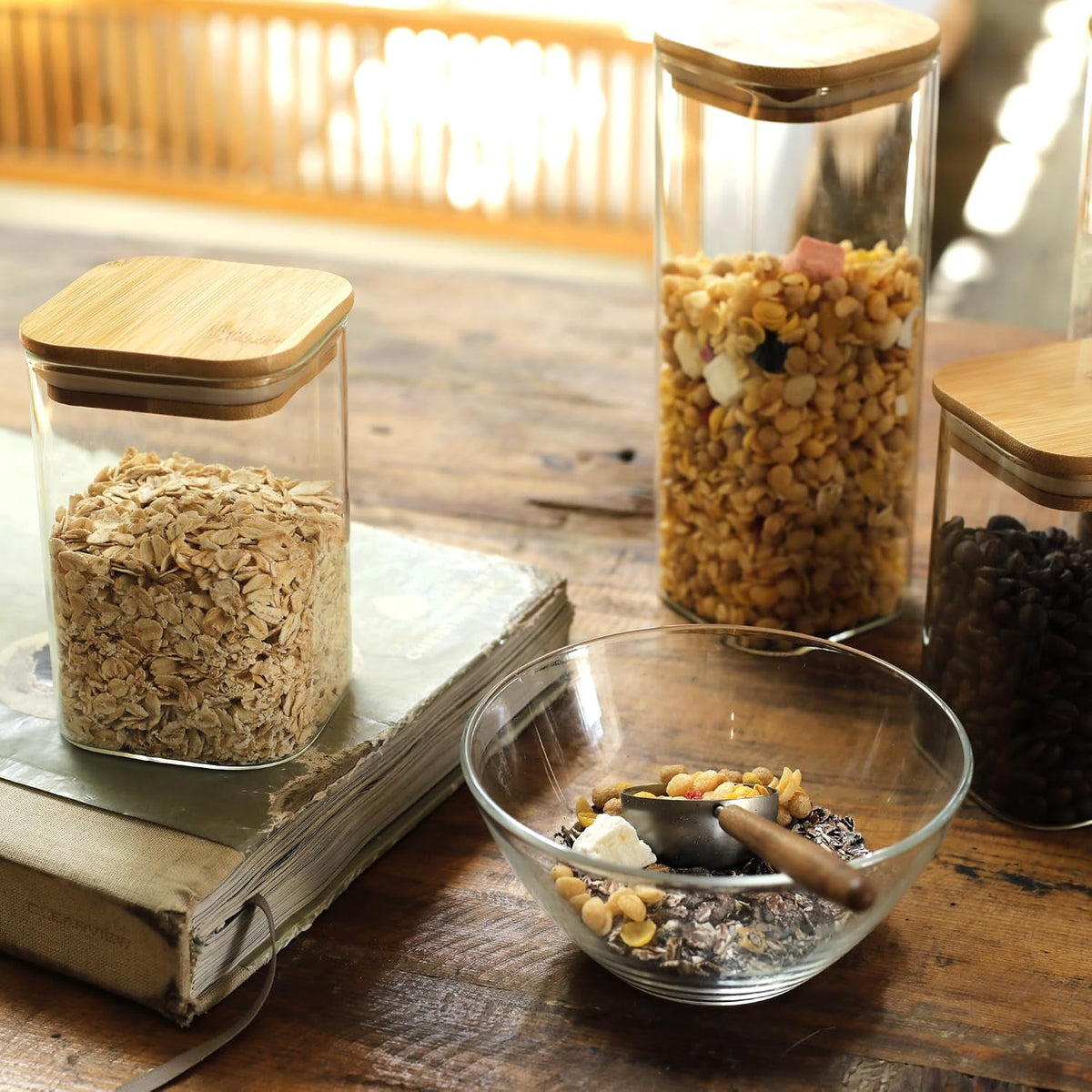 12-Pack Square Glass Storage Jars with Bamboo Lids (0.6Qt/1.06Qt) - Stackable Food Containers for Pantry Organization, Coffee, Flour, Snacks, Tea | Kitchen Canisters Set | Stackable Dry Food Containers for Pantry Organization, Coffee, Flour, Snacks, Tea,