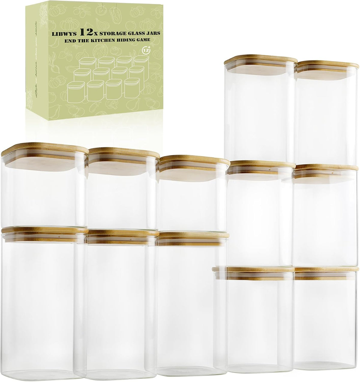 12-Pack Square Glass Storage Jars with Bamboo Lids (0.6Qt/1.06Qt) - Stackable Food Containers for Pantry Organization, Coffee, Flour, Snacks, Tea | Kitchen Canisters Set | Stackable Dry Food Containers for Pantry Organization, Coffee, Flour, Snacks, Tea,