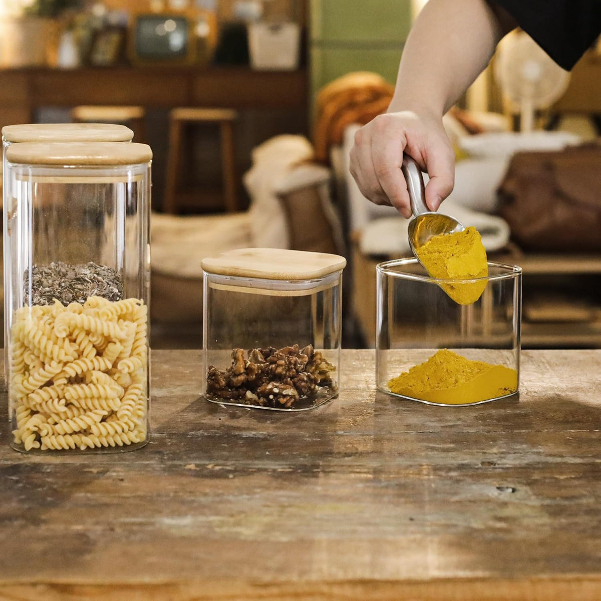 12-Pack Square Glass Storage Jars with Bamboo Lids (0.6Qt/1.06Qt) - Stackable Food Containers for Pantry Organization, Coffee, Flour, Snacks, Tea | Kitchen Canisters Set | Stackable Dry Food Containers for Pantry Organization, Coffee, Flour, Snacks, Tea,