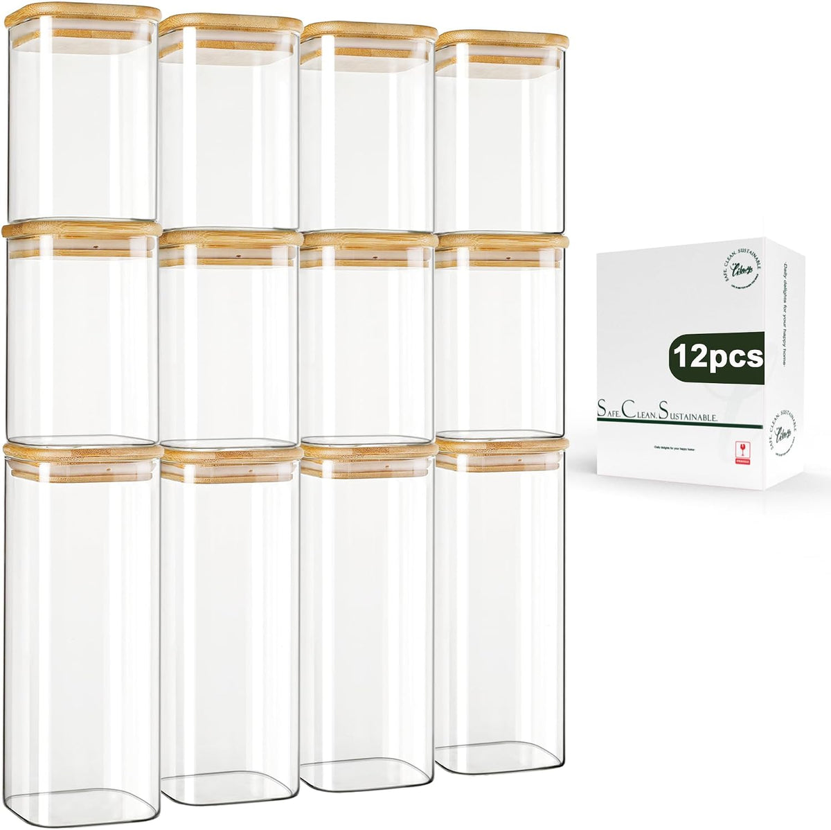 12-Pack Square Glass Storage Jars with Bamboo Lids (0.6Qt/1.06Qt) - Stackable Food Containers for Pantry Organization, Coffee, Flour, Snacks, Tea | Kitchen Canisters Set | Stackable Dry Food Containers for Pantry Organization, Coffee, Flour, Snacks, Tea,