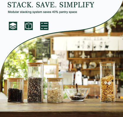 12-Pack Square Glass Storage Jars with Bamboo Lids (0.6Qt/1.06Qt) - Stackable Food Containers for Pantry Organization, Coffee, Flour, Snacks, Tea | Kitchen Canisters Set | Stackable Dry Food Containers for Pantry Organization, Coffee, Flour, Snacks, Tea,