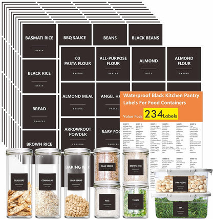 Hebayy 234 Minimalist Kitchen Food Labels, 216 Preprinted Flour Pasta Peas Condiment Oil Stickers, 18 Blank Ones, Waterproof Oil&Tear Resistant, No Residue for Pantry Food Containers Jars.