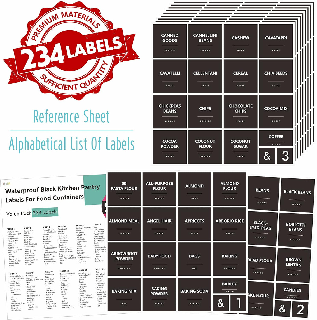 Hebayy 234 Minimalist Kitchen Food Labels, 216 Preprinted Flour Pasta Peas Condiment Oil Stickers, 18 Blank Ones, Waterproof Oil&Tear Resistant, No Residue for Pantry Food Containers Jars.